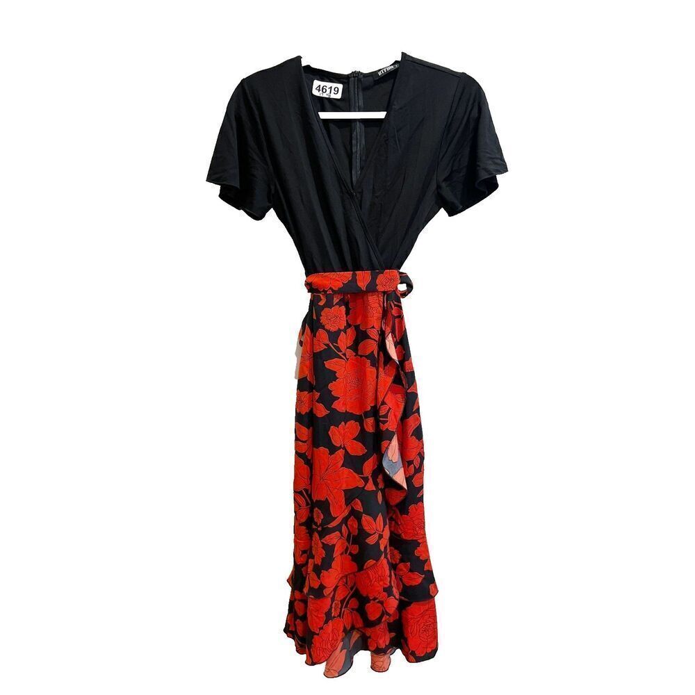 BTFBM Womens Black Red Wrap Dress S Ruffle Rockabilly Retro Faux Wrap Sexy Midi